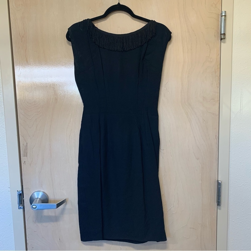 Handmade No Tags Vintage Dress Women Black with tassel fringe at neck. LBD
